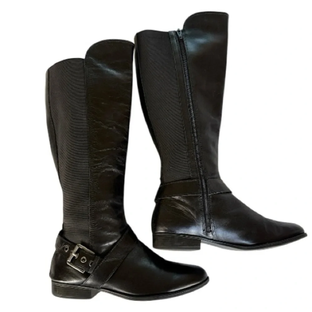Liz Claiborne Black Leather Nicole Buckle Knee-High Riding Boots Stretch Sz 8.5M